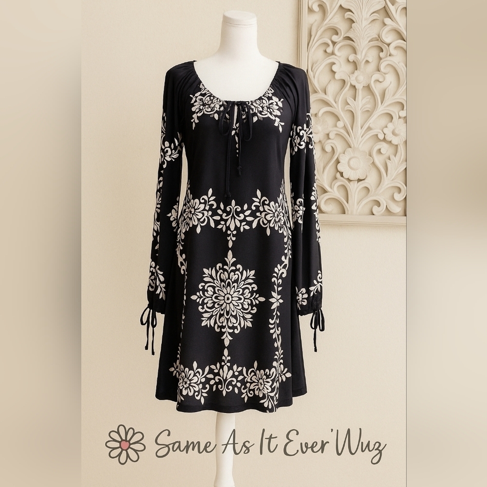 ND Size 10 Black Boho Tunic Vintage Y2K Baroque Peasant Scrollwork Demask Mini